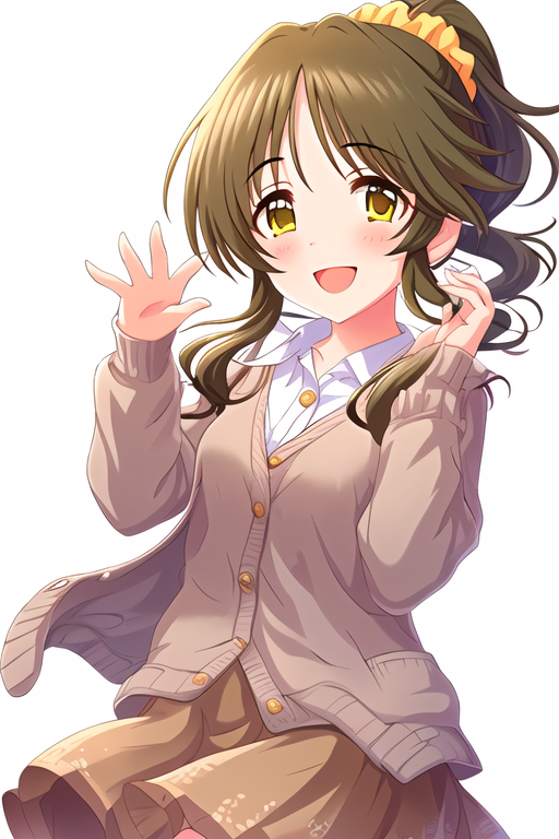 09538-858131951-Takamori Aiko, _1girl, blush, brown background, brown hair, brown skirt, buttons, cardigan, floral print, hand up, long sleeves,.png